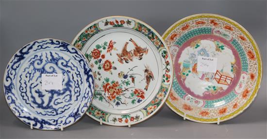 Three 18th century Chinese plates, famille rose, famille verte and blue and white